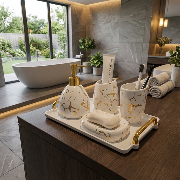 Elegant Marble Look Ceramic 5 Piece Bathroom Accessory Set