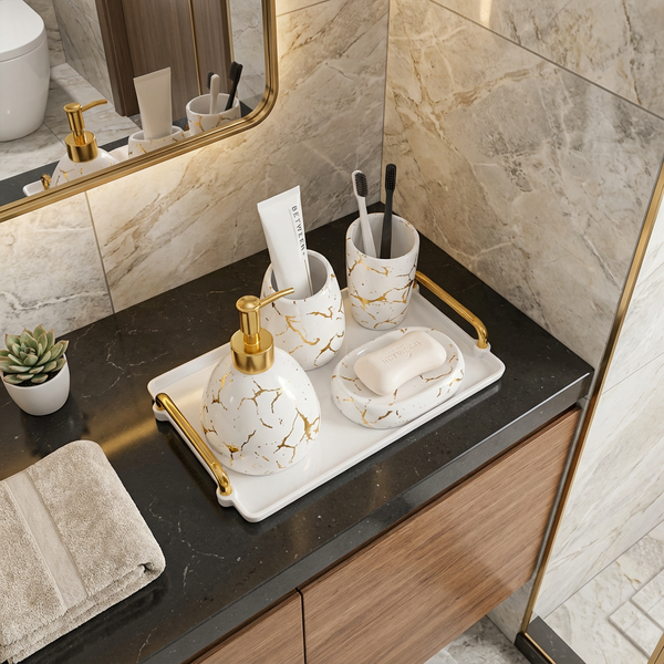 Elegant Marble Look Ceramic 5 Piece Bathroom Accessory Set