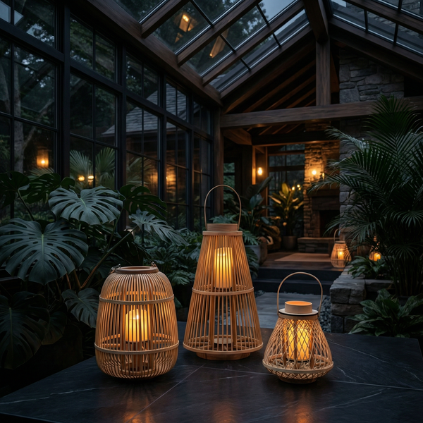 Rustic Rattan Lantern With Flameless Led Candle For Outdoor Patio