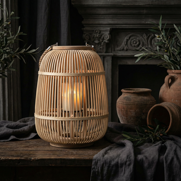 Rustic Rattan Lantern With Flameless Led Candle For Outdoor Patio