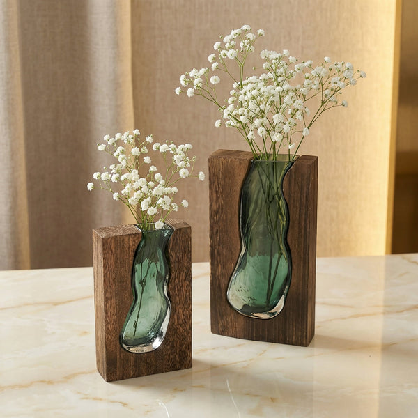 Nordic Live Edge Glass And Wood Floral Centerpiece Vase
