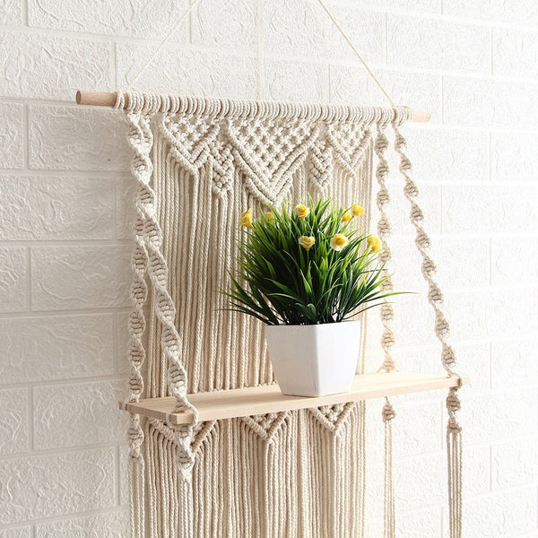 Boho Macrame Floating Wall Shelf Handcrafted Wood For Home Decor