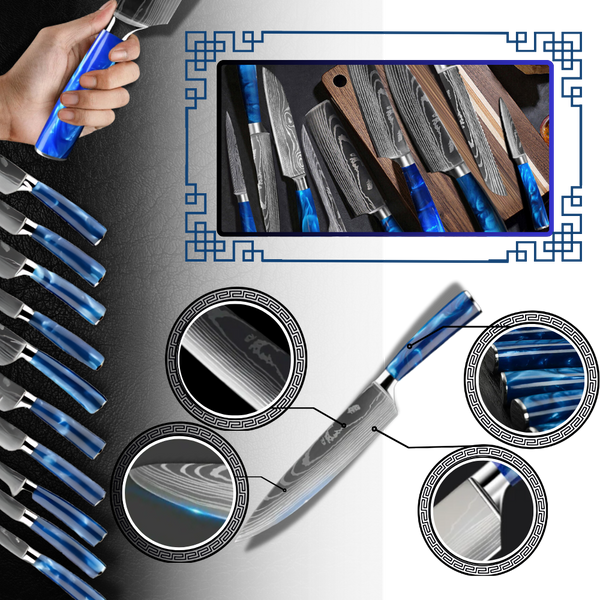 Atlantic Blue Japanese Knife Set With Damascus Design And Razor Sharpness