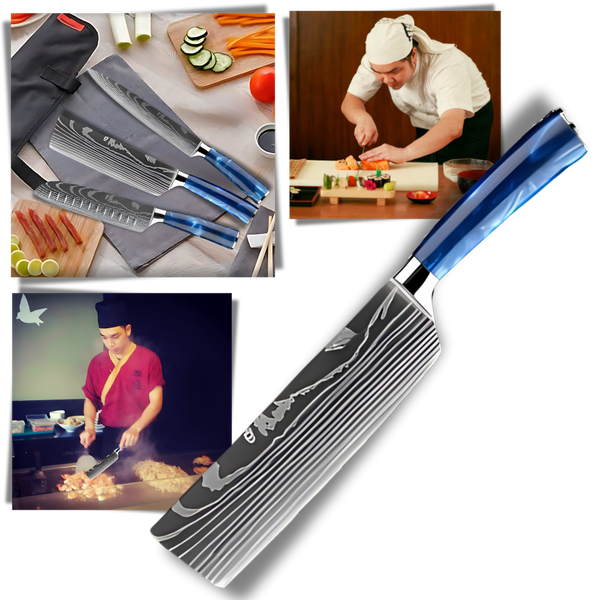 Atlantic Blue Japanese Knife Set With Damascus Design And Razor Sharpness