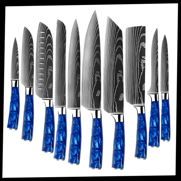 Atlantic Blue Japanese Knife Set With Damascus Design And Razor Sharpness