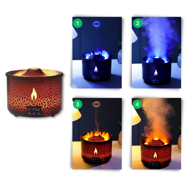 Volcano Inspired Humidifier With Aroma Diffuser And LED Flame Ambience