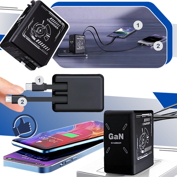 Smart Dual PD Charger With Retractable USB C And Lightning Cables