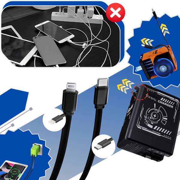 Smart Dual PD Charger With Retractable USB C And Lightning Cables